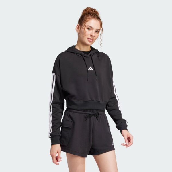 Sudadera con capucha corta de felpa francesa Adidas Essentials de 3 bandas para mujer-